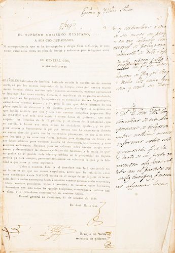 Conjunto de documentos manuscritos e impresos relacionados con José María Cos, uno con la rúbrica de José María Morelos. 1817.