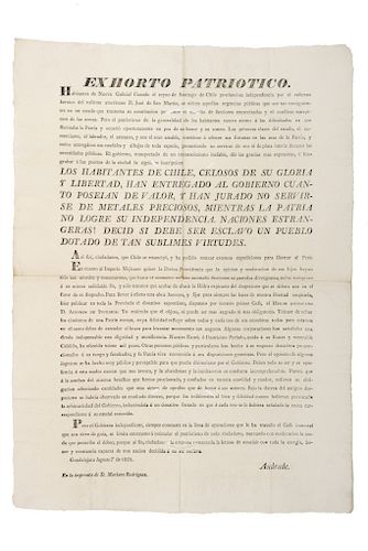 Andrade, José Antonio de. Exhorto Patriótico. Apoyo a la Independencia de Chile. Guadalajara, 1821.