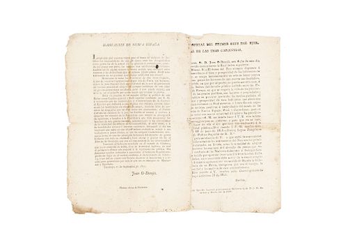 O'Donojú, Juan / Iturbide, Agustín de. Proclama / Comunicación. Tacubaya setiembre 17 y 21 de 1821. Piezas: 2.