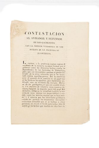 Contestación al Avisador y Defensor de los Gachupines. Con la Noticia Verdadera de los Sucesos de la Hacienda de Tlahuelilpa. 1823.