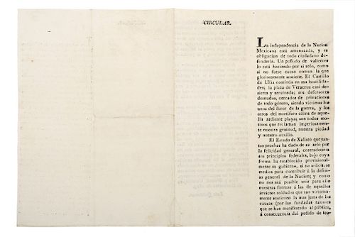 Quintanar, Luis. Circular sobre Hostilidades de San Juan de Ulúa y Exhortación a Ayudar a la Defensa... Guadalajara, 1823.