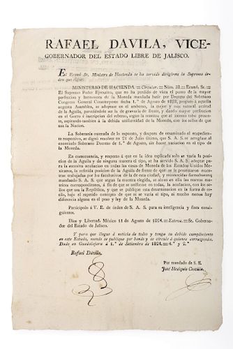 Dávila, Rafael. Bando sobre los Grabados en el Anverso y Reverso de la Moneda. Guadalajara, 1 de setiembre de 1824.