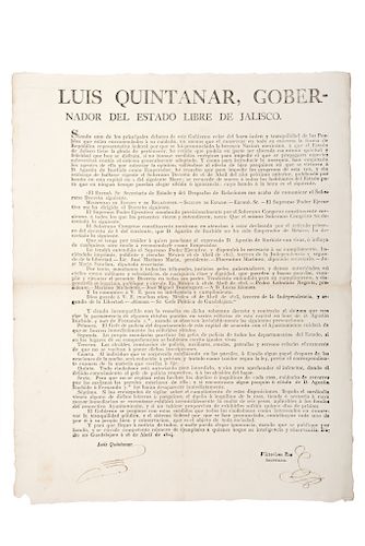 Quintanar, Luis. Bando donde se Desconoce a Agustín Iturbide como Emperador de México... Guadalajara, 1824.