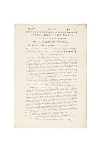 Reconocimiento de la Independencia por la Gran Bretaña. Gaceta Extraordinaria del Gobierno Supremo de la Federación Mexicana. 1825.