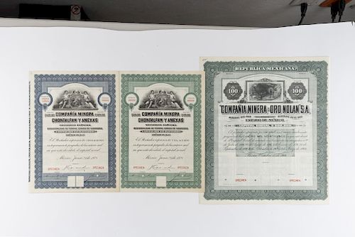Compañías Mineras. Chontalpan y Anexas (2) / De Oro Nolan. México: Junio 21 de 1921 y Octubre 15 de 1906. Piezas: 3.