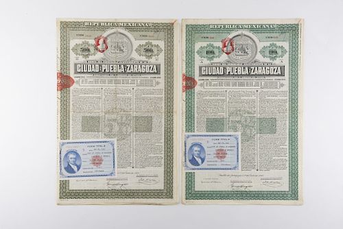 República Mexicana. Bonos de Honorable Ayuntamiento de la Ciudad de Puebla de Zaragoza. Puebla de Zaragoza: 1910. Piezas: 2.