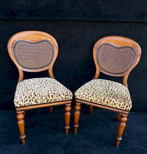 PR. CANED LEOPARD UPHOLSTERED SIDE CHAIRS