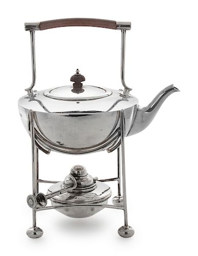 An English Silver Kettle-on-Stand
Mappin & Webb, London, Early 20th Century
with wooden elements.