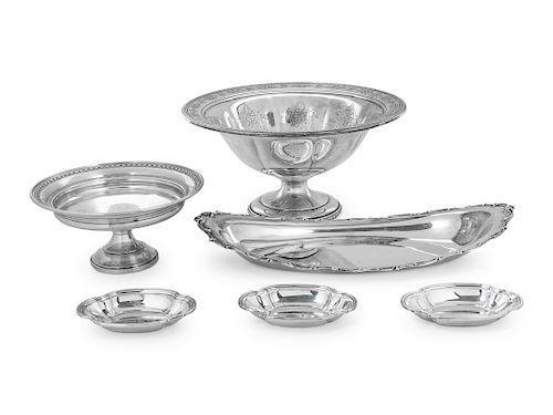 Six American Silver Articles
Various Makers including Gorham and Tiffany
comprising an oval serving dish, three nut dishes, a compote, and a weighted 