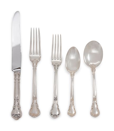 An American Silver Flatware Service for Twelve
Gorham Mfg. Co., Providence, RI
Chantilly pattern, comprising:8 dinner knives with stainless steel blad