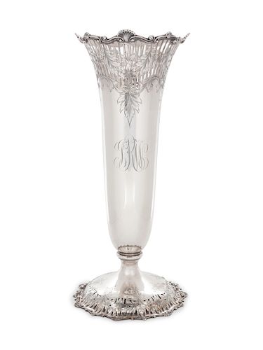 An American Silver Trumpet Vase
The Sweetser Co., New York, NY, Early 20th Century
with reticulated mouth and foot, engraved on body.