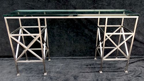 MID CENTURY BRUSHED STEEL GLASS TOP CONSOLE TABLE