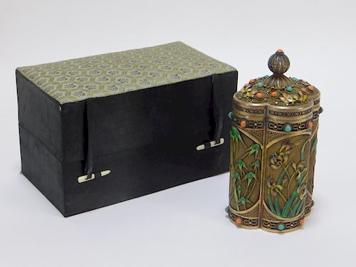 FINE Chinese Silver Coral Turquoise Tea Caddy