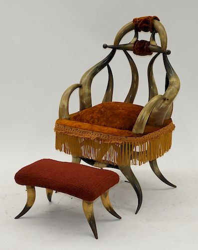 American Western Steer Horn Chair & Ottoman