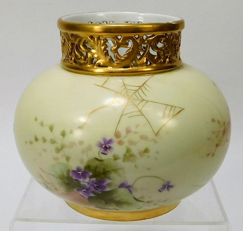 French Limoges Gilt Floral Pierced Neck Vase