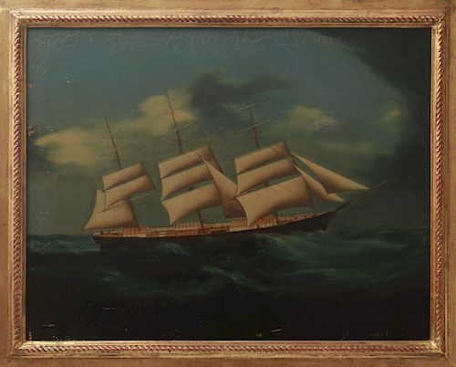 "Clipper Ship at Full Sail" Oil on Canvas, 19th C.