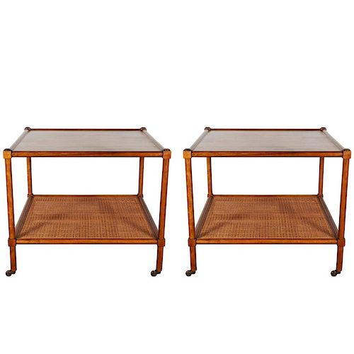 Baker Furniture Side Tables w Cane Shelf, Pr