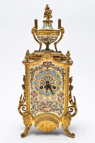 French Champleve Enamel Gilt Bronze Mantel Clock