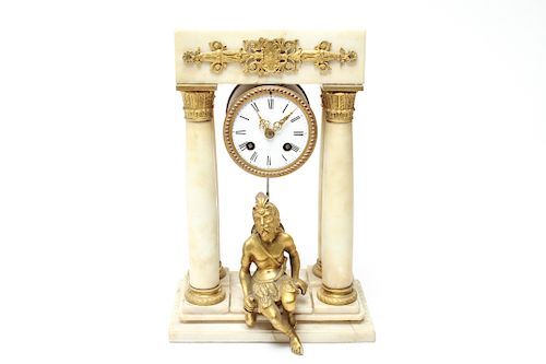 French Alabaster Gilt Bronze Portico Mantel Clock