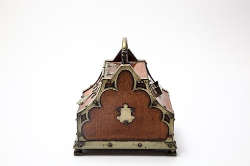 19th C. Brass Mounted Gothic Burlwood Caddy