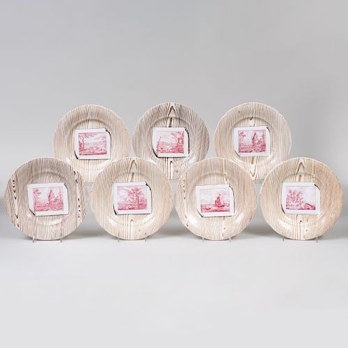 Set of Seven Montreau Faux Bois and Puce Decorated Creil Dessert Plates