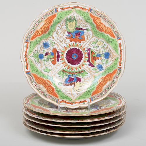 Set of Six English Porcelain Plates, in the ‘Bengal Tiger’ ‘Dragons in Compartments’ Pattern, Probably Coalport