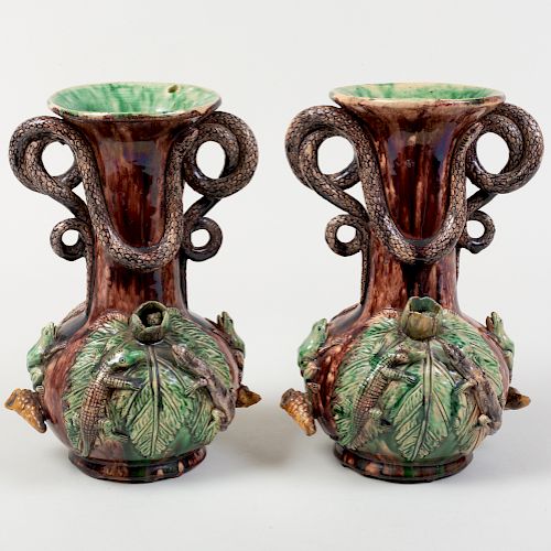 Pair of Caldas Portuguese Pottery Palissy Style Vases