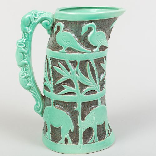 Burleigh Ware Tusk Shaped Jug Moulded with Elephants, Birds, and Plants