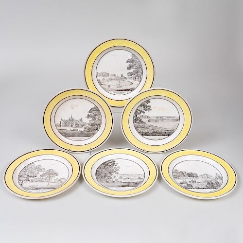 Set of Six Yellow Ground Transfer Printed Creil Topographical Plates