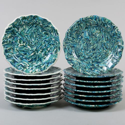 Two Sets of Eight Pascale Mestre Blue and Green Aptware Plates