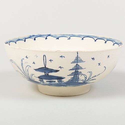 English Creamware Bowl Painted with Chinoiserie Landscapes