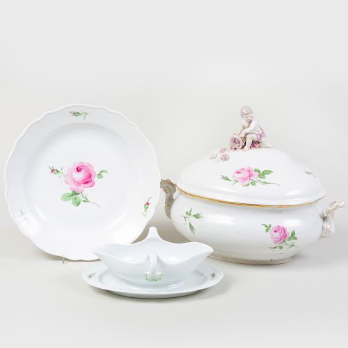 Meissen Porcelain Tureen and Cover, a Sauce Boat on Stand, and a Circular Serving Dish