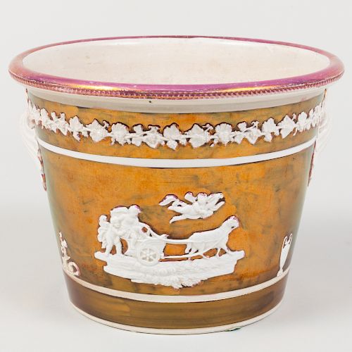 English Lusterware Flower Pot with Mythological Scenes in Relief