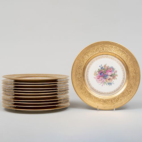 Set of Twelve Heinrich and Co. Gilt-Ground Transfer Printed Porcelain Plates