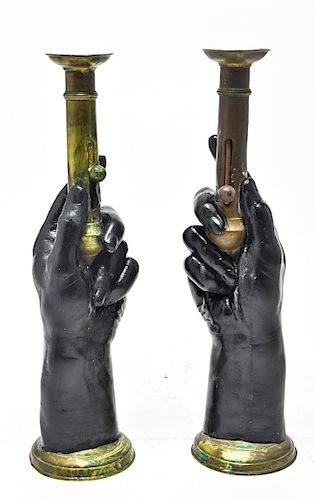 Blackamoor Hand-Form Composite Brass Candlesticks