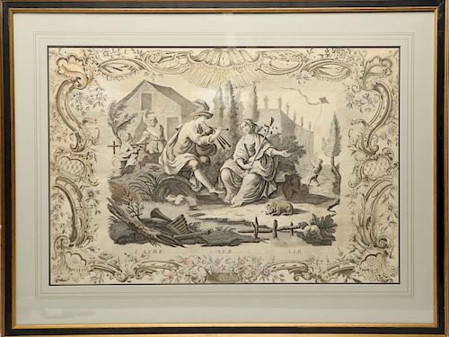 French Antique Engraving, Rococo "Air" Allegory