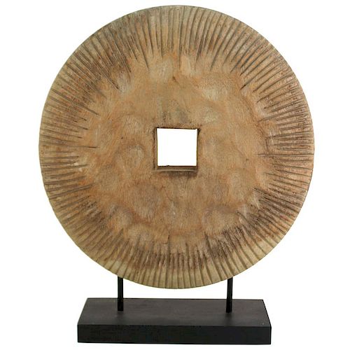 Modern Asian Archaic Style Wood Disc on Stand