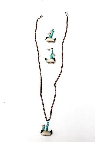 Zuni Duck Fetish Cowry Shell Necklace & Earrings