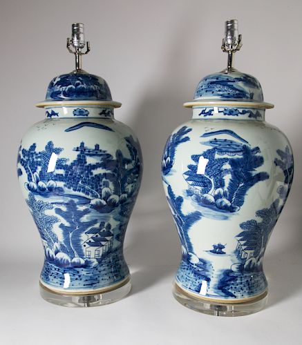 Pair of Chinese Blue and White River Landscape Decorated Temple Jar Lamps