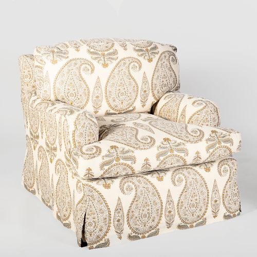 Paisley Linen Slip Cover Upholstered Club Chair