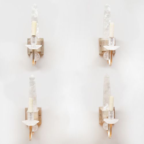 Set of Four Rock-Crystal and Polished Nickel Single Light Sconces
