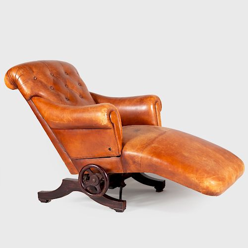 Unusual French Leather and Stained Wood Reclining Chaise Lounge