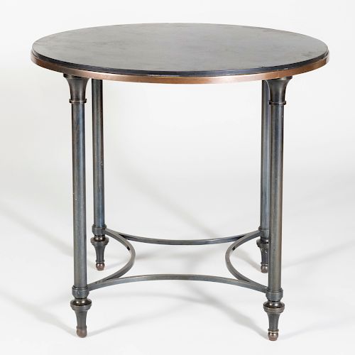 Modern French Gun Barrel Metal and Patina Brass Table with Slate Top, In the Manner of Louis Sue
