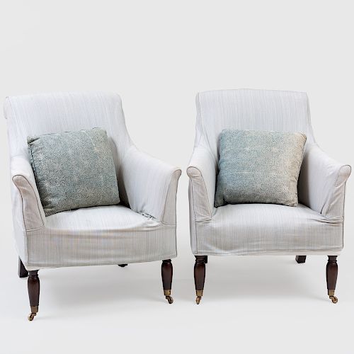 Pair of Pale Blue Striped Linen Slip Covered Armchairs