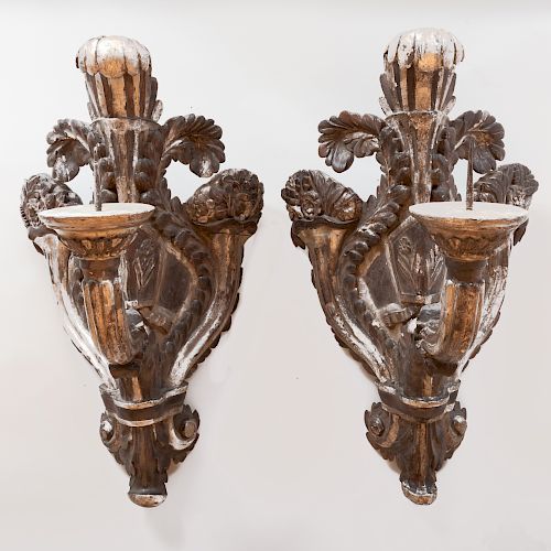 Pair of Large Italian Baroque Silver-Gilt and Grey Painted Corner Pricket Sconces