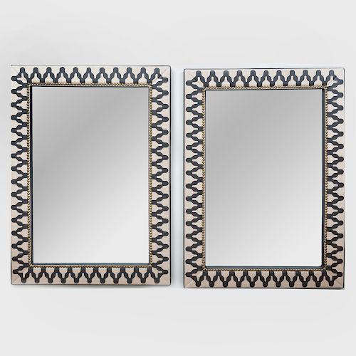 Pair of Modern Brass, Linen and Leather Appliqued Mirrors