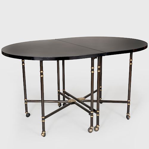 French Black Laminate, Steel and Brass Extension Dining Table, Maison Jansen