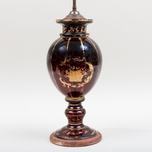 Continental Gilt Decorated Ruby Glass Lamp