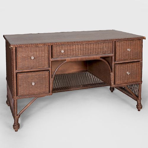 Wicker and Stained Wood Kneehole Desk