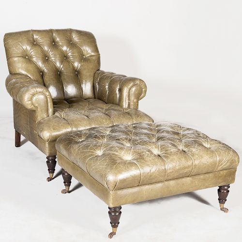 Green Tufted Leather Club Chair with Matching Ottoman
